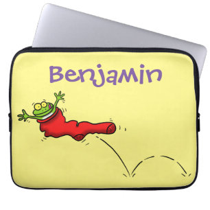 Cute frog in a red sock jumping cartoon laptop sleeve