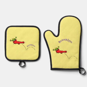 Cute frog in a red sock jumping cartoon oven mitt & pot holder set