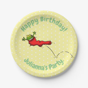 Cute frog in a red sock jumping cartoon paper plate