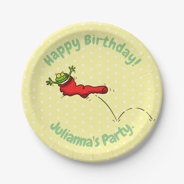 Cute frog in a red sock jumping cartoon paper plate (Front)