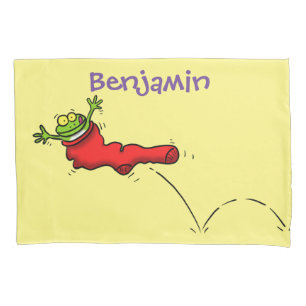 Cute frog in a red sock jumping cartoon pillowcase