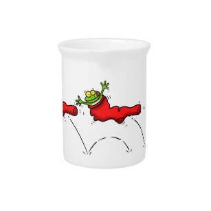 Cute frog in a red sock jumping cartoon pitcher