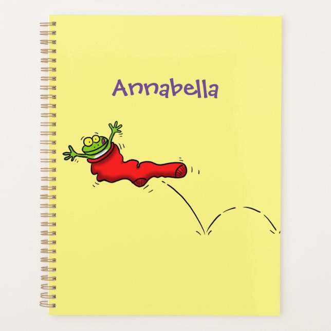 Cute frog in a red sock jumping cartoon planner (Front)
