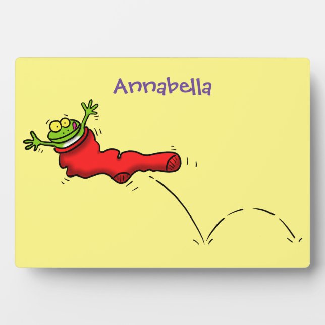 Cute frog in a red sock jumping cartoon plaque (Front)