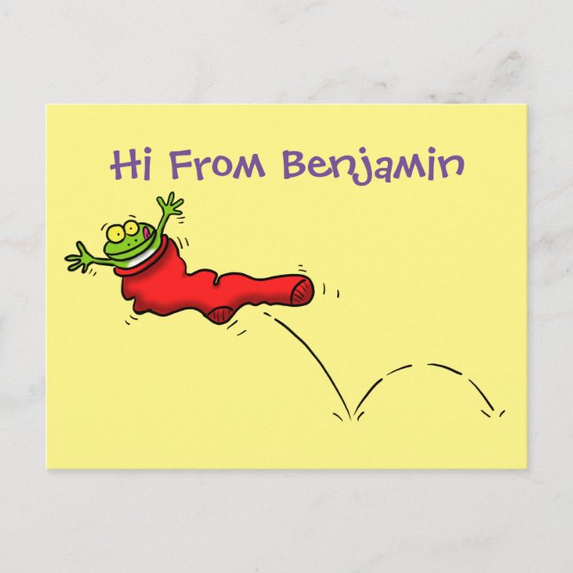 Cute frog in a red sock jumping cartoon postcard (Front)