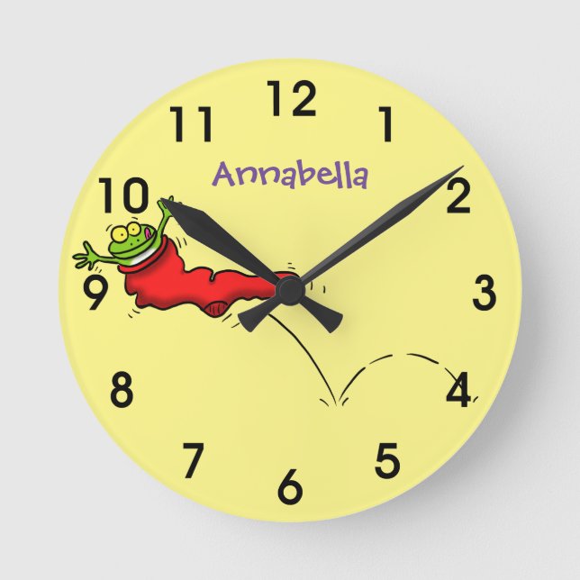Cute frog in a red sock jumping cartoon round clock (Front)