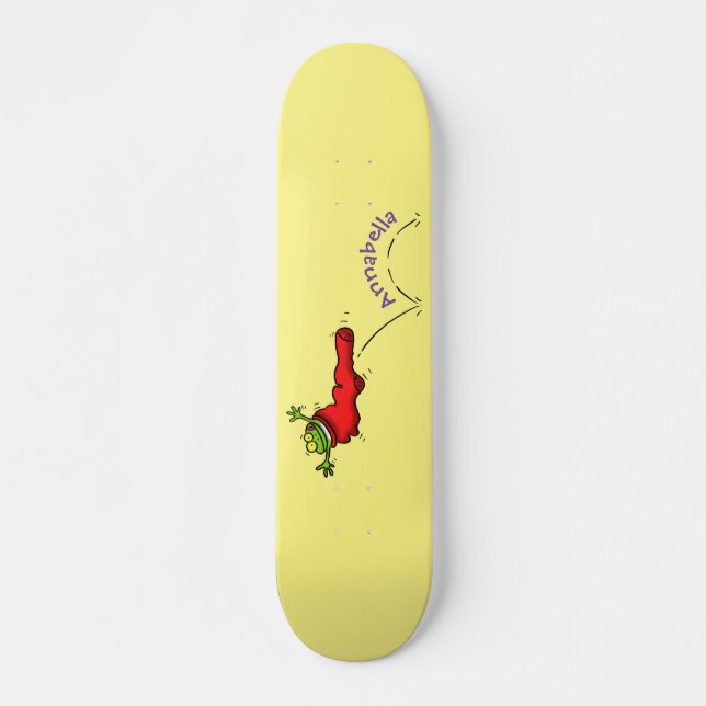 Cute frog in a red sock jumping cartoon skateboard (Front)