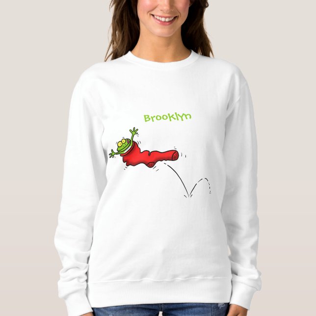 Cute frog in a red sock jumping cartoon sweatshirt (Front)