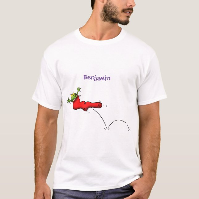 Cute frog in a red sock jumping cartoon T-Shirt (Front)