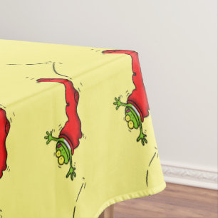 Cute frog in a red sock jumping cartoon tablecloth