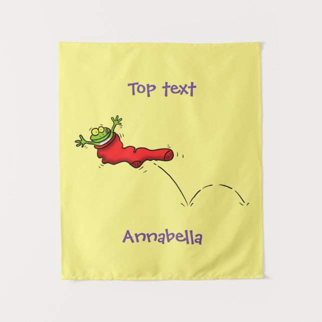 Cute frog in a red sock jumping cartoon tapestry (Front)