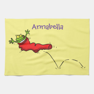 Cute frog in a red sock jumping cartoon tea towel