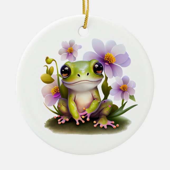 Cute Frog in Flowers Ceramic Tree Decoration (Front)