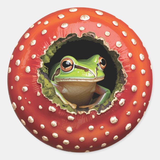 Cute Frog in Mushroom - Funny Woodland Frog Classic Round Sticker (Front)