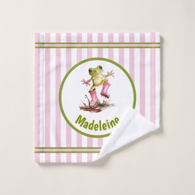 Cute Frog in Pink Rain Boots Monogram Striped Bath Towel Set (Wash Cloth)
