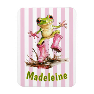 Cute Frog in Pink Rain Boots Monogram Striped Magnet