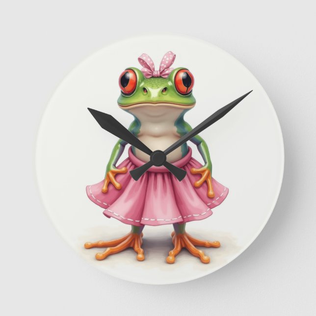 Cute Frog in Pink Round Clock (Front)