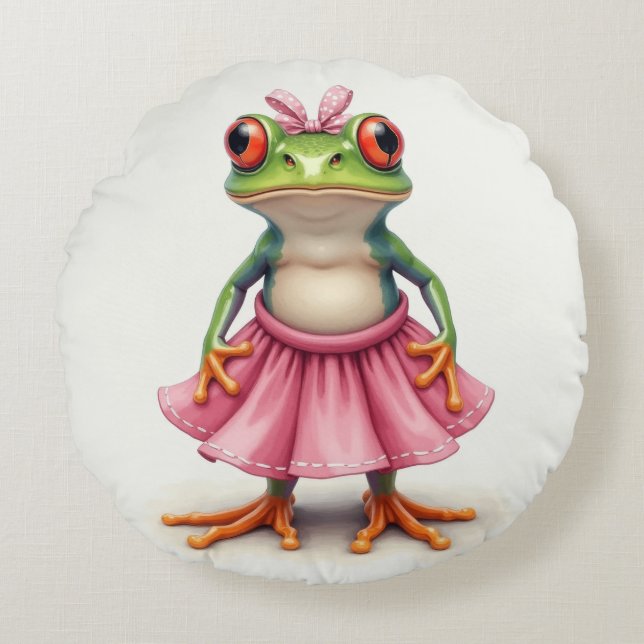 Cute Frog in Pink Round Cushion (Front)
