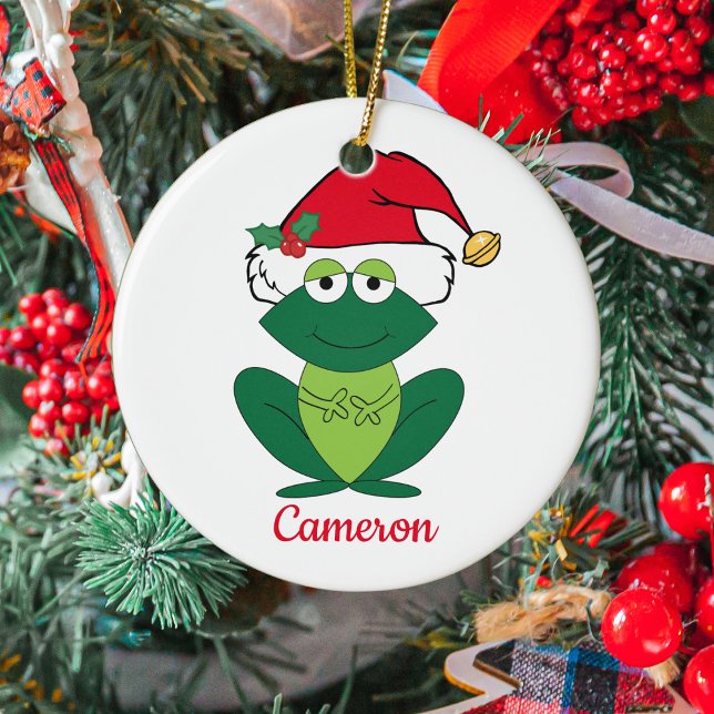 Cute Frog in Santa Hat Custom Kids Christmas Ceramic Tree Decoration (Creator Uploaded)
