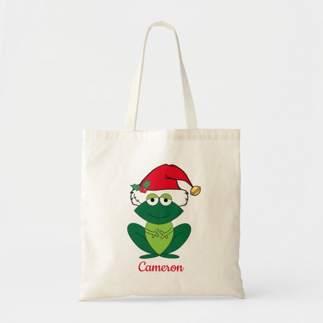 Cute Frog in Santa Hat Custom Kids Christmas Tote Bag (Front)