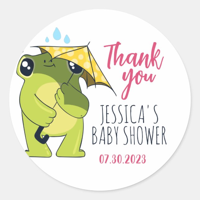 Cute Frog In The Rain Baby Shower Classic Round Sticker (Front)