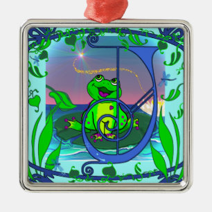 Cute Frog Initial J Premium Gift Tag/Ornament Metal Tree Decoration