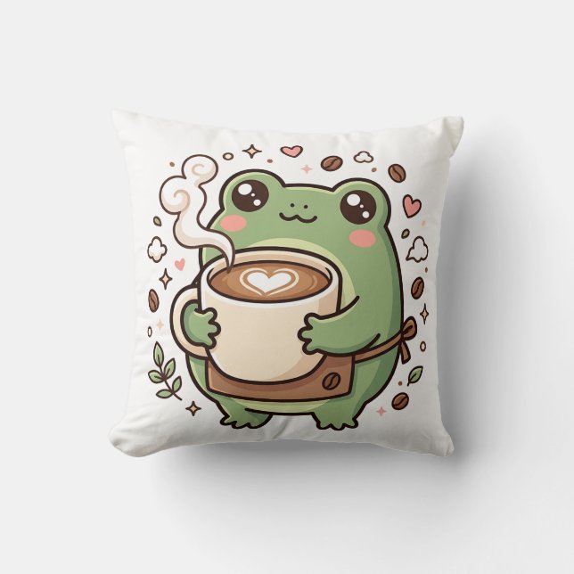 Cute Frog Latte Art Throw Pillow (Front)