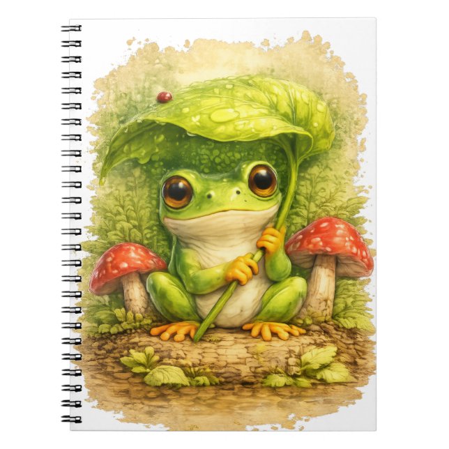 Cute Frog Leaf Umbrella Spiral Notebook (Front)