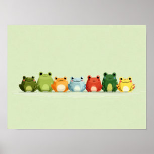 Cute Frog Lineup – Colourful Kawaii Animal Art Poster