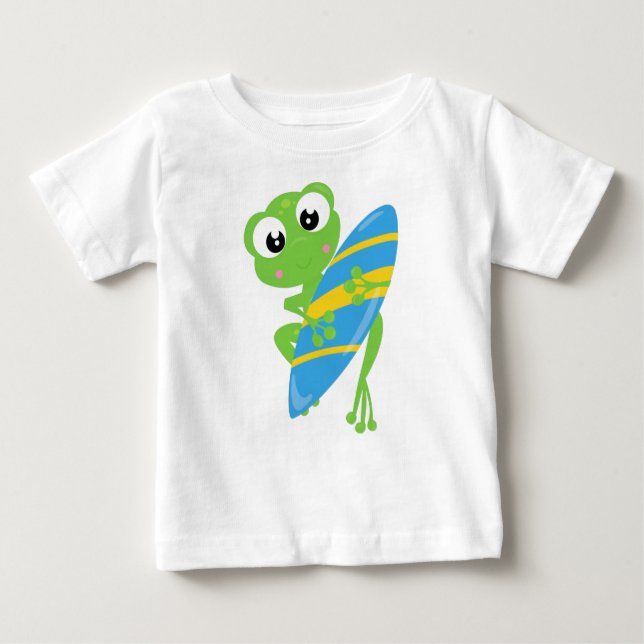Cute Frog, Little Frog, Green Frog, Surfing Board Baby T-Shirt (Front)