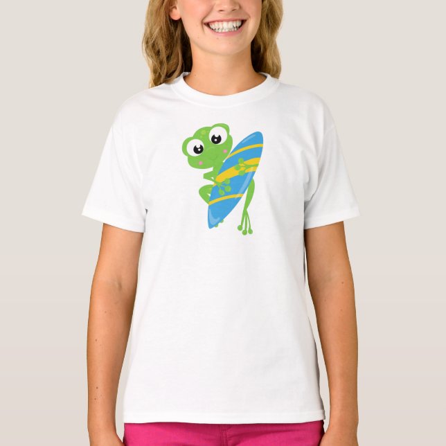 Cute Frog, Little Frog, Green Frog, Surfing Board T-Shirt (Front)