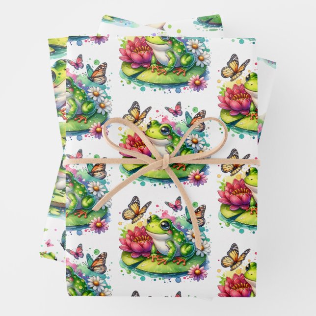Cute Frog on a Lily Pad and Flowers Birthday Wrapping Paper Sheet (In situ)