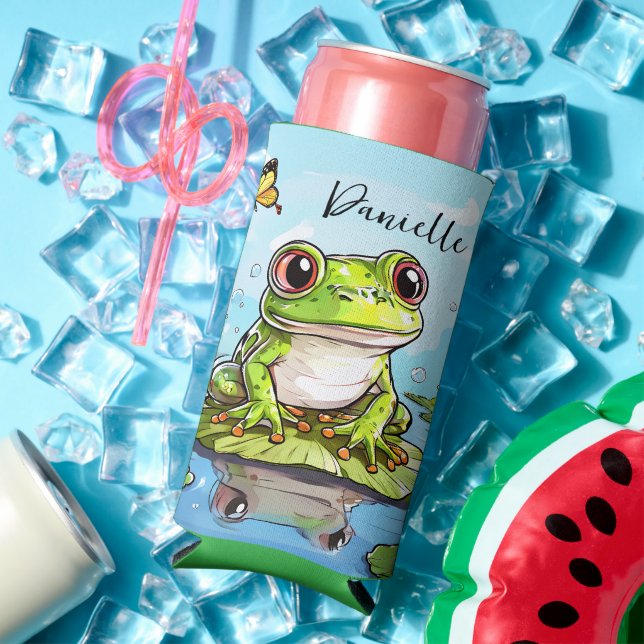 Cute Frog on a Lily Pad Cute Personalised Seltzer Can Cooler (In Situ Summer)