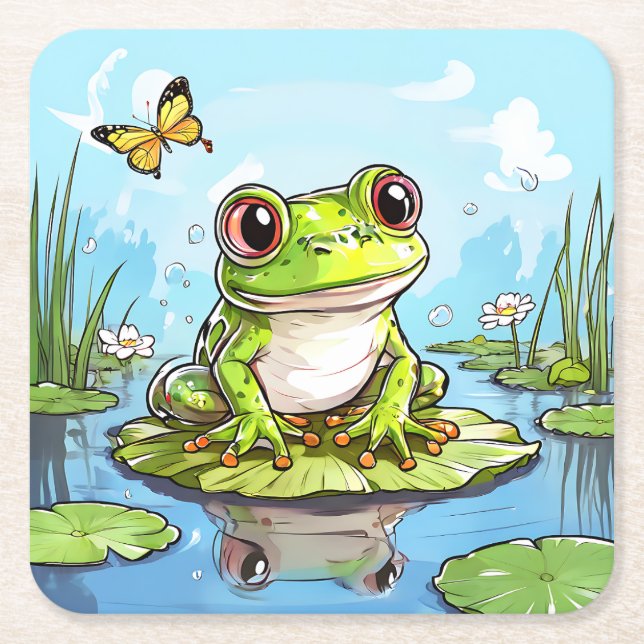Cute Frog on a Lily Pad Cute Personalised Square Paper Coaster (Front)