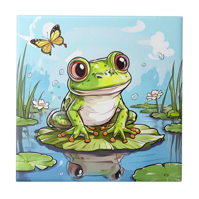 Cute Frog on a Lily Pad Cute Personalised Tile (Front)