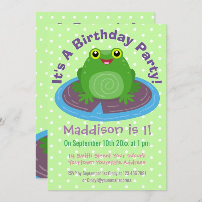 Cute frog on lily pad cartoon illustration invitation (Front/Back)