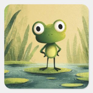 Cute Frog on Lily Pad – Whimsical Cartoon Art Square Sticker