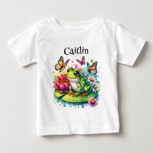 Cute Frog on Lily Pad with Flowers and Butterflies Baby T-Shirt (Front)