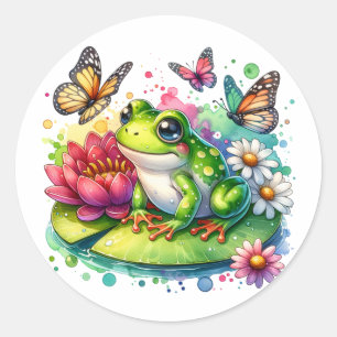 Cute Frog on Lily Pad with Flowers and Butterflies Classic Round Sticker