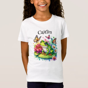 Cute Frog on Lily Pad with Flowers and Butterflies T-Shirt