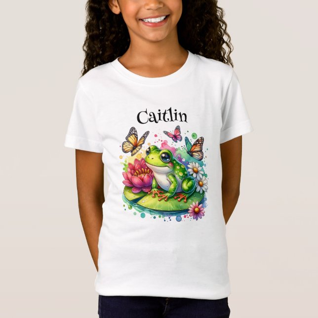 Cute Frog on Lily Pad with Flowers and Butterflies T-Shirt (Front)
