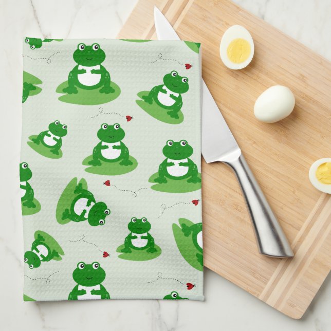 Cute Frog On Lily Pad With Ladybugs Pattern Tea Towel (Quarter Fold)
