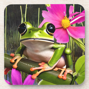 Cute Frog on Pink Flower Branch   Coaster