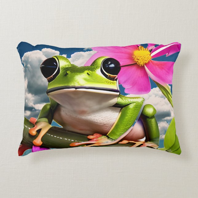 Cute Frog on Pink Flower Branch with Clouds Decorative Cushion (Front)