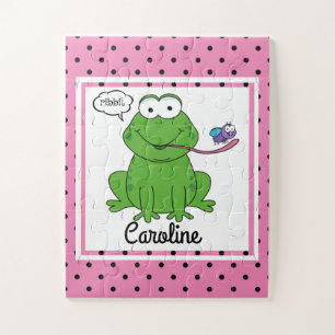 Cute Frog on Polka Dots, Personalized Kids Jigsaw Puzzle