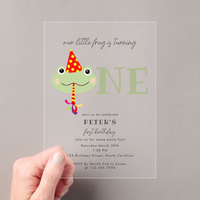 Cute Frog Party Hat Kids First 1st Birthday Party Acrylic Invitations (Insitu (Handheld))