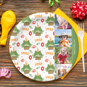 Cute Frog Pattern Smile Text Happy Birthday Photo Paper Plate