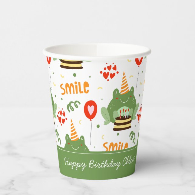 Cute Frog Pattern Smile Text Happy Birthday w Name Paper Cups (Left)