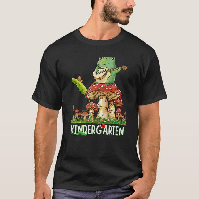 Cute Frog Playing Banjo Snail Mushroom Kindergarte T-Shirt (Front)