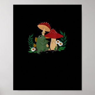 Cute Frog Playing Flute Cottagecore Goblincore Aes Poster